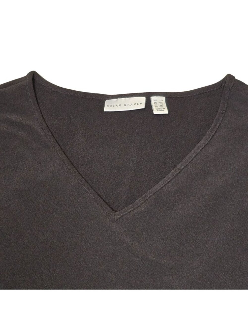 Susan Graver Black Liquid Knit Top 1XL V-Neck Bell Sleeve Lace - Picture 6 of 8